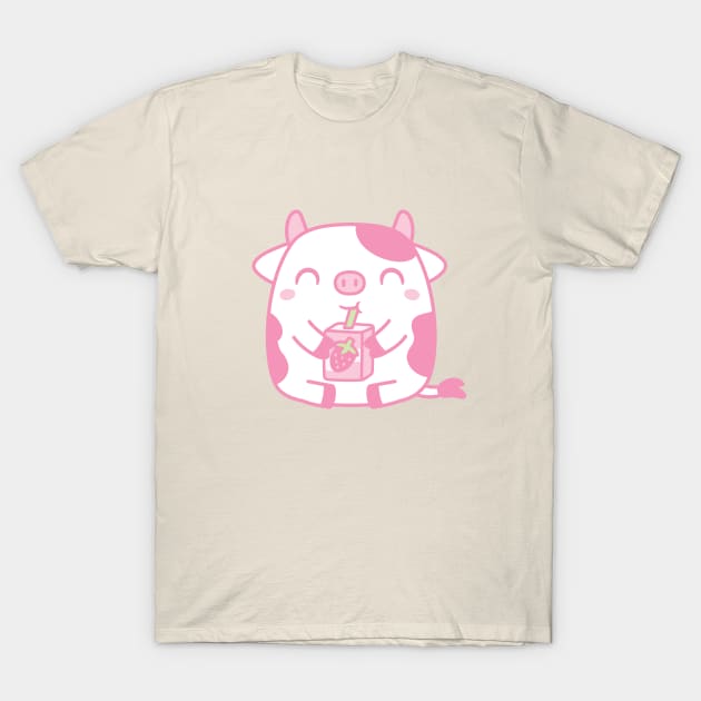 Cute Cow Drinking Strawberry Milk T-Shirt by rustydoodle